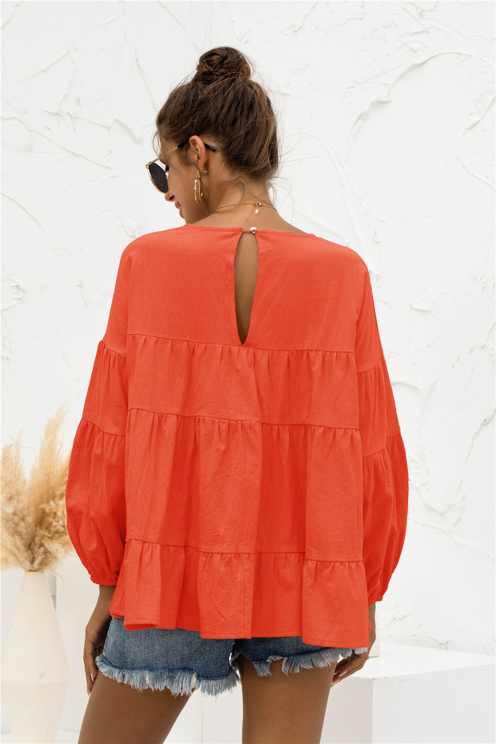 Round Neck Bubble Sleeve Blouse