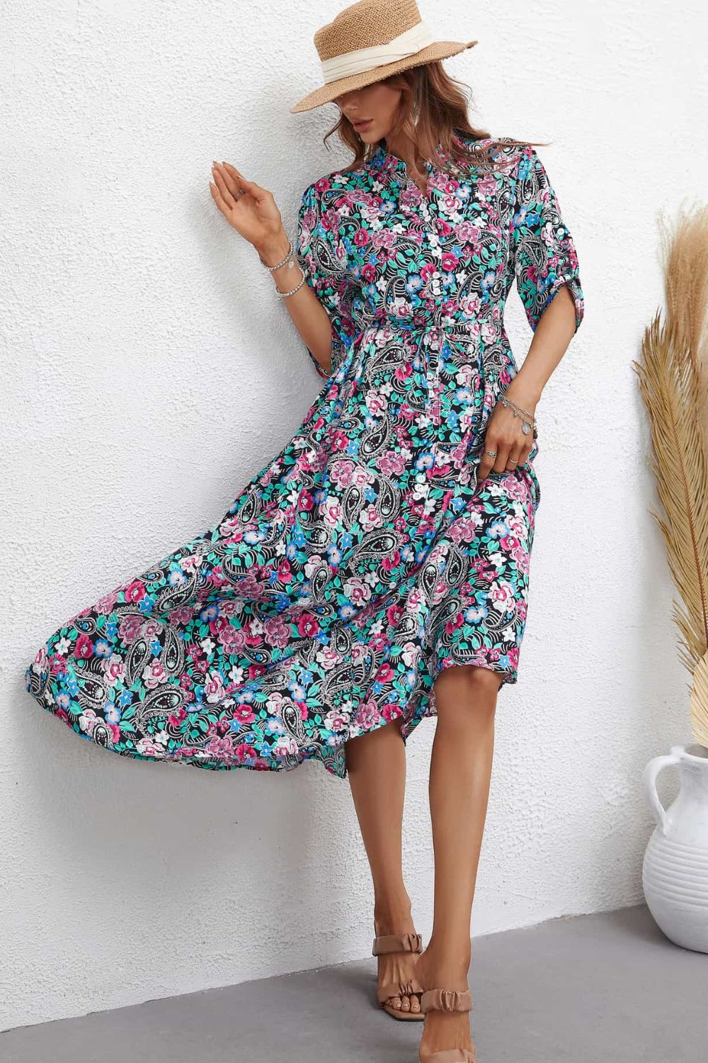 The Floral Notched Half Sleeve Dress