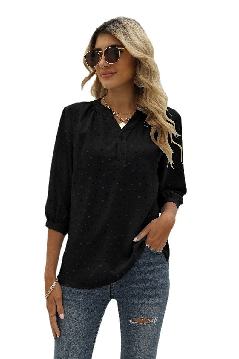 Reagan Swiss Dot Three-Quarter Sleeve Blouse