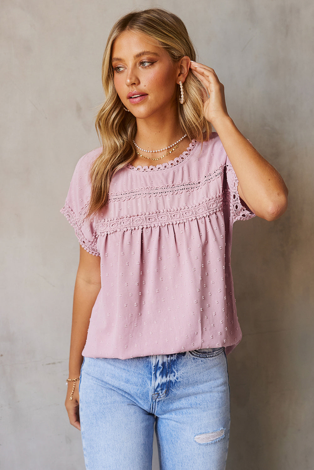 Swiss Dot Decorative Button Blouse