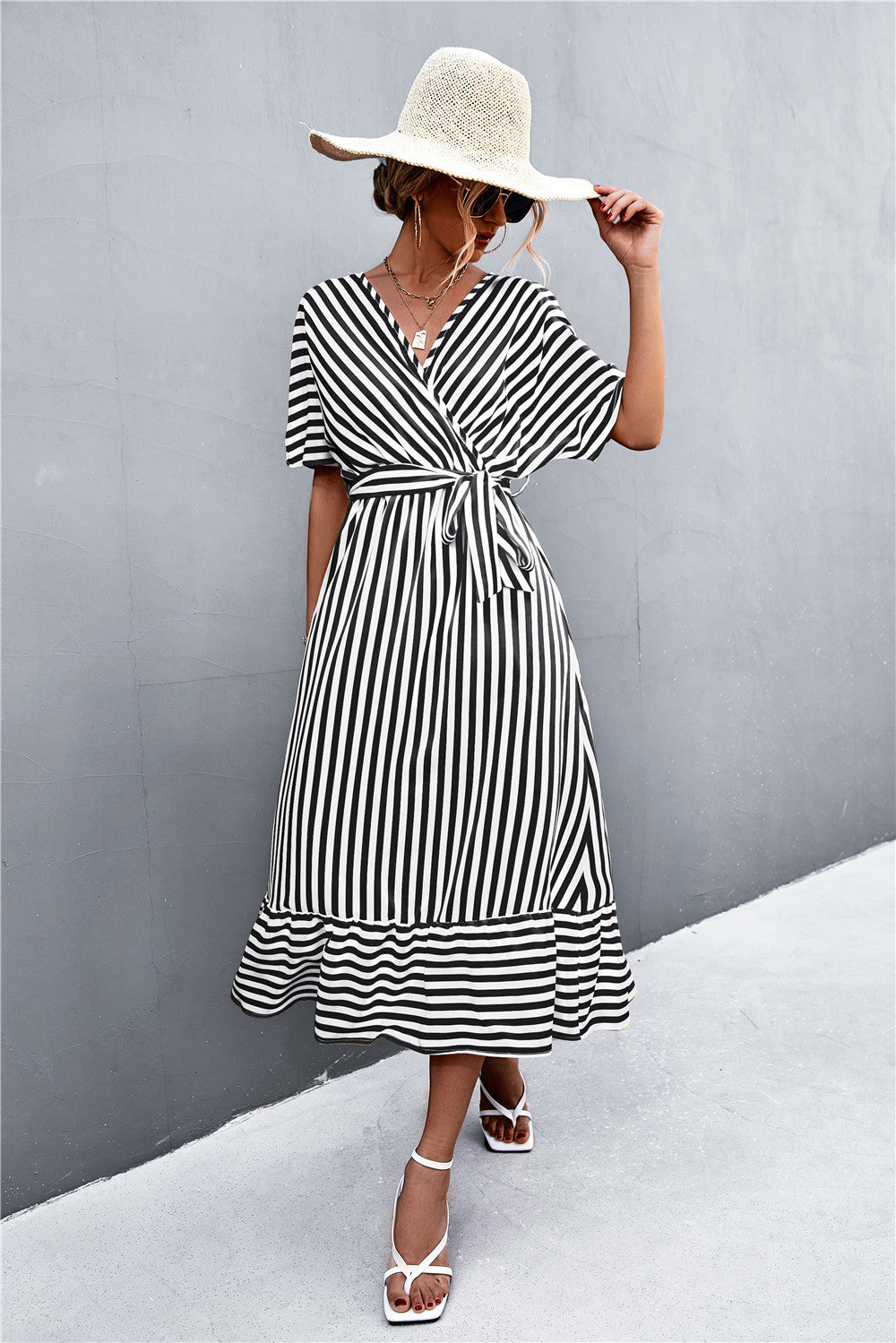 Striped In Style Tie Belt Midi Dress
