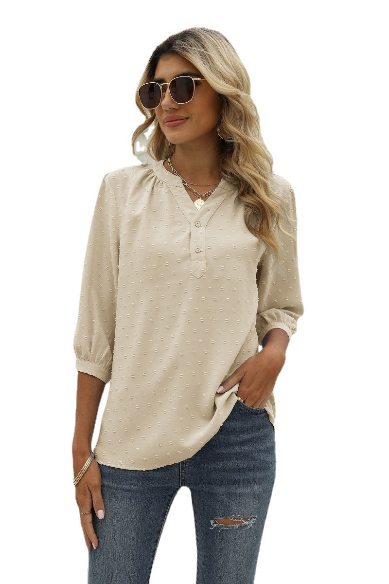 Reagan Swiss Dot Three-Quarter Sleeve Blouse