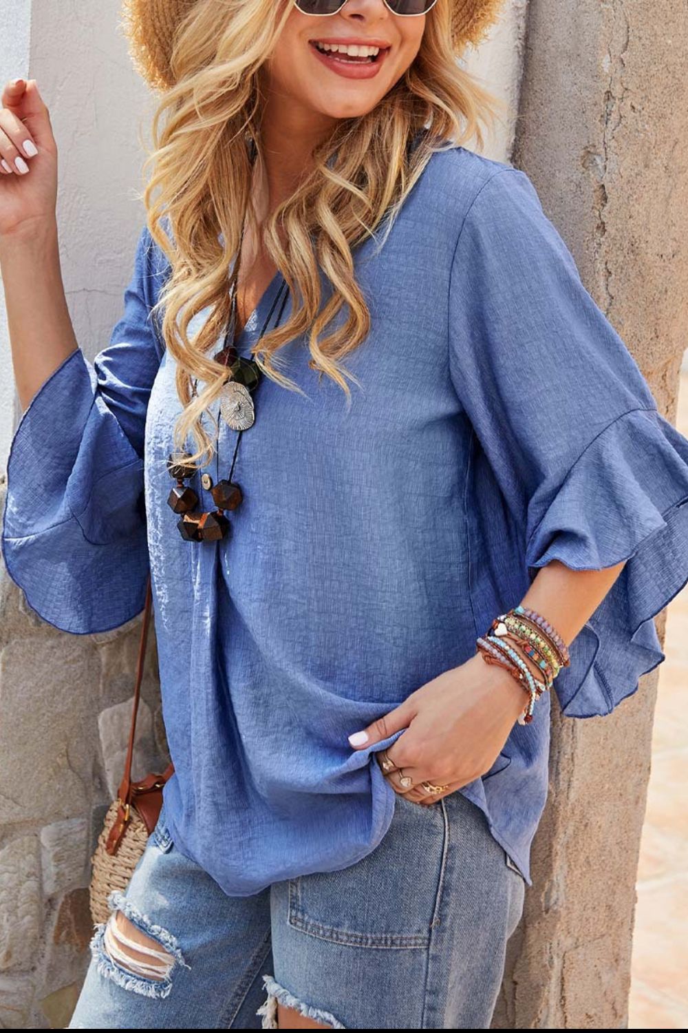 Waterfall Flounce Sleeve Blouse