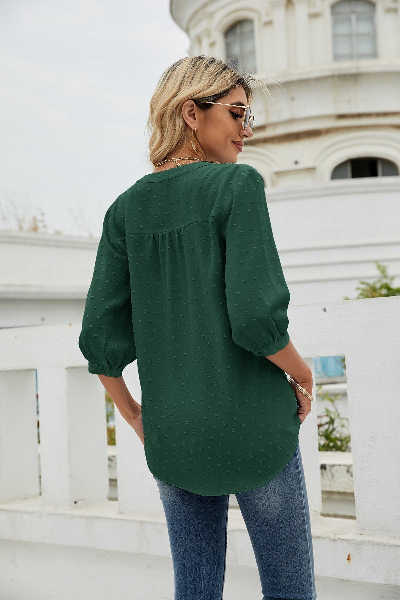 Reagan Swiss Dot Three-Quarter Sleeve Blouse