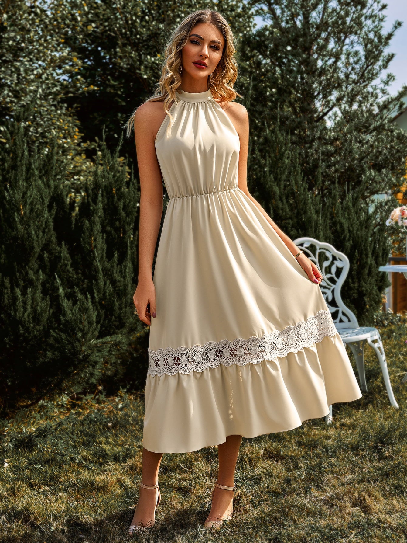 Lauralee Neck Spliced Lace Midi Dress