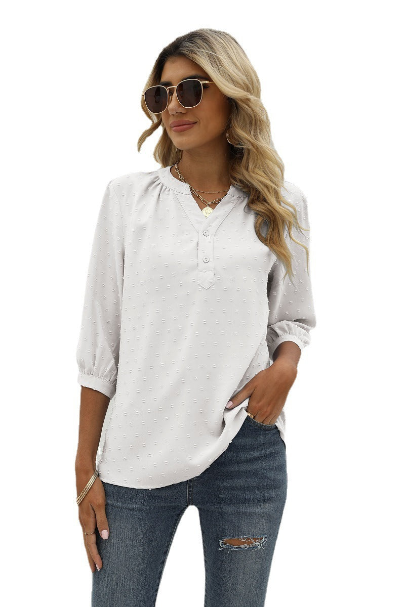 Reagan Swiss Dot Three-Quarter Sleeve Blouse