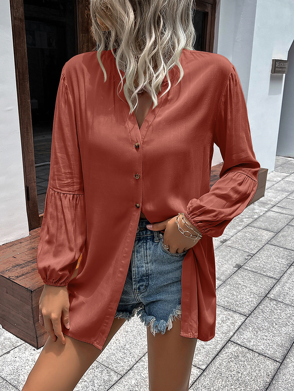 Almost Buttoned Balloon Sleeve Shirt
