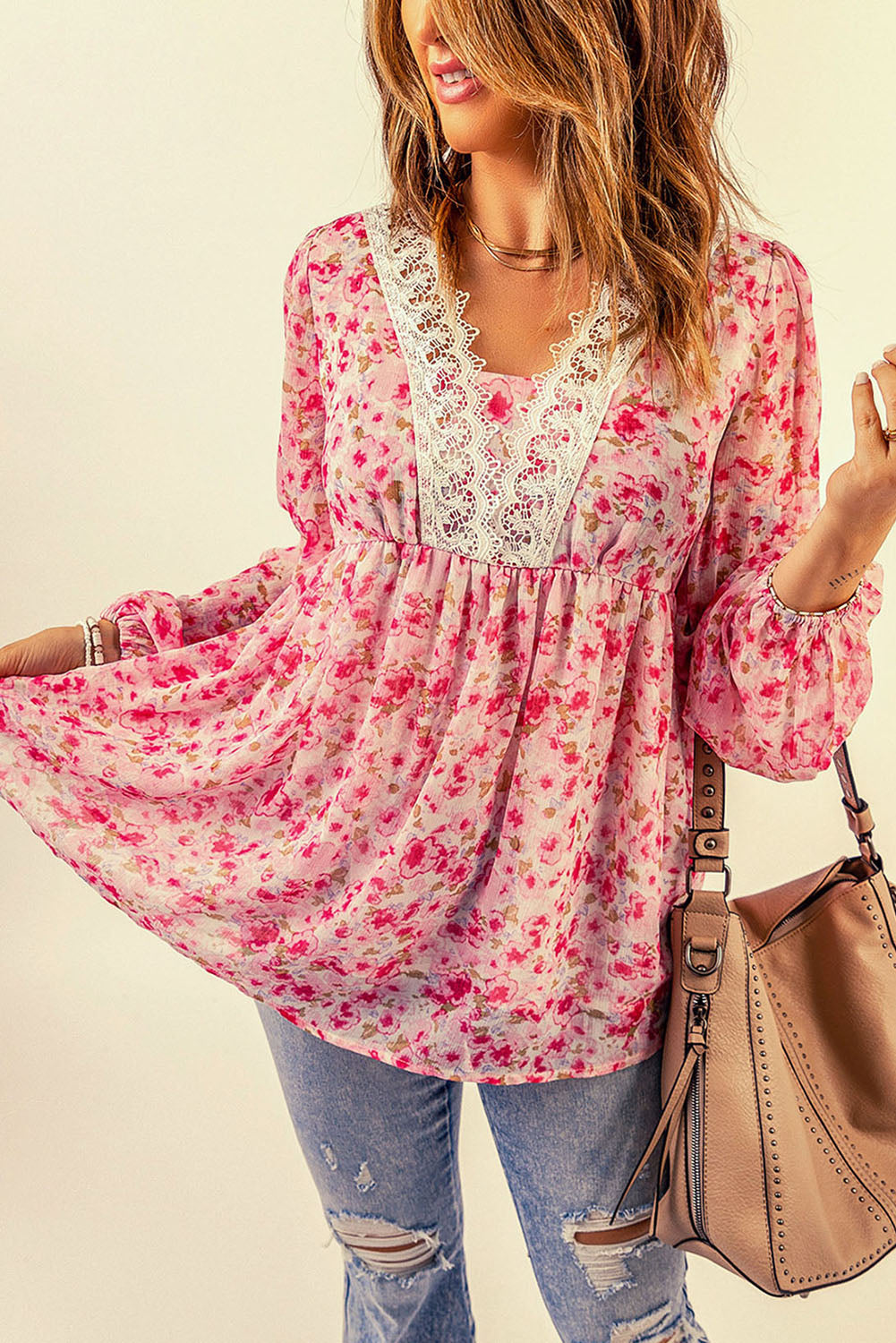 Wanda Lace Trim Balloon Sleeve Blouse