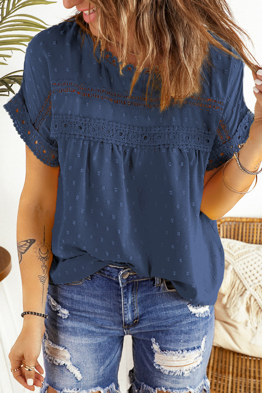 Swiss Dot Decorative Button Blouse