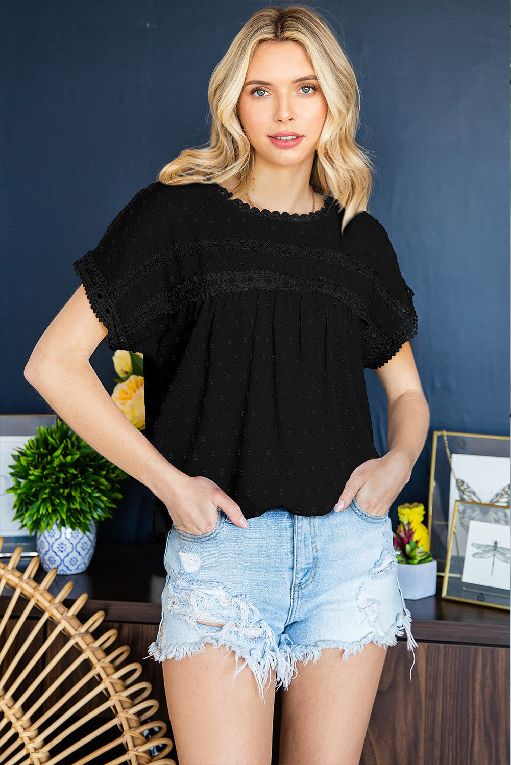 Swiss Dot Decorative Button Blouse