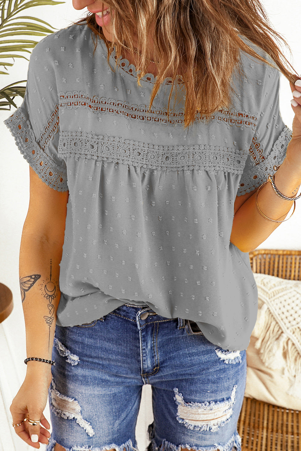 Swiss Dot Decorative Button Blouse