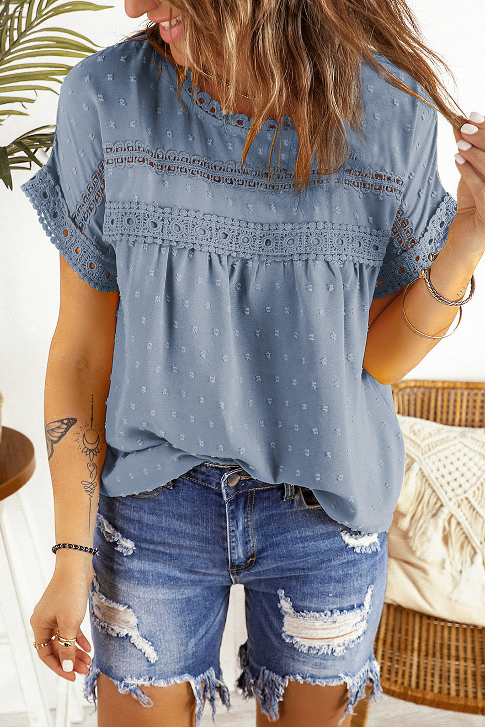 Swiss Dot Decorative Button Blouse