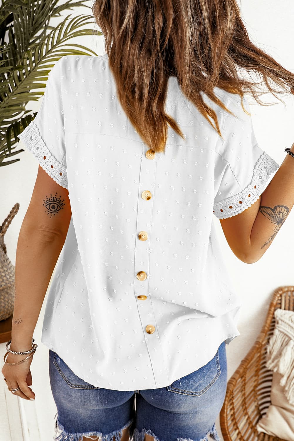 Swiss Dot Decorative Button Blouse