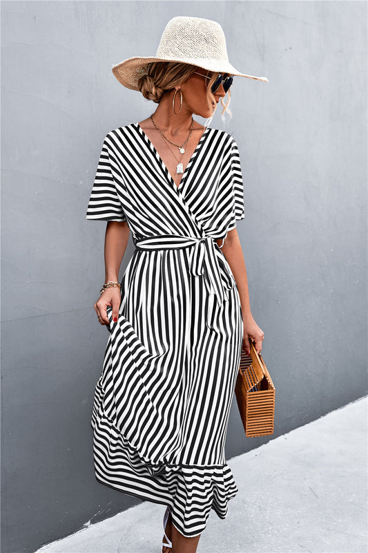 Striped In Style Tie Belt Midi Dress