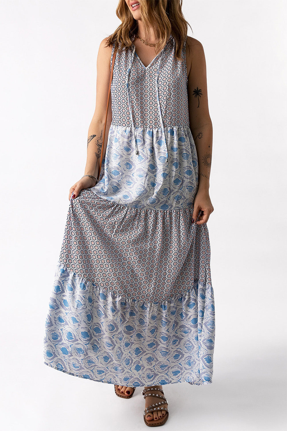 Mixed Print Sleeveless Maxi Dress