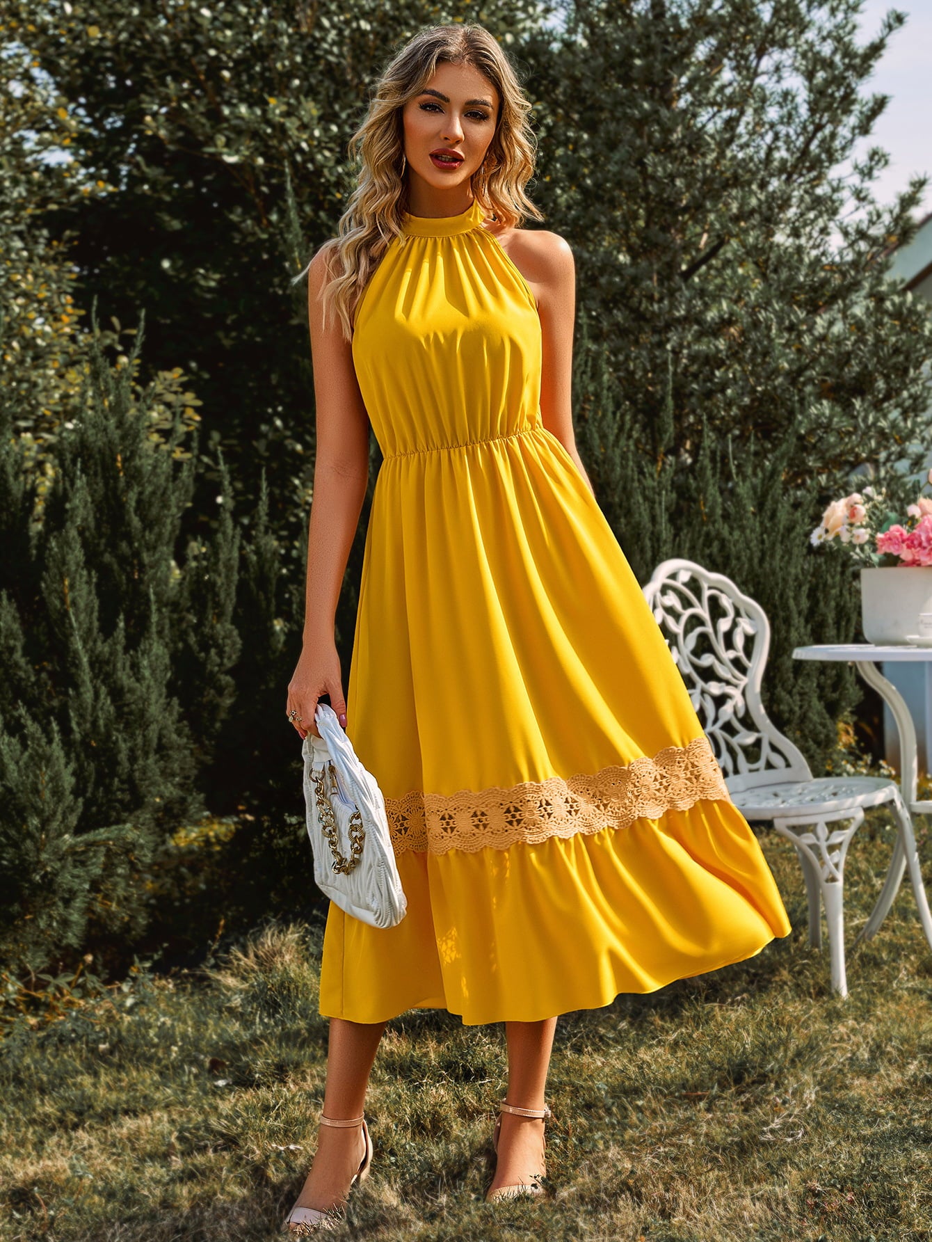 Lauralee Neck Spliced Lace Midi Dress