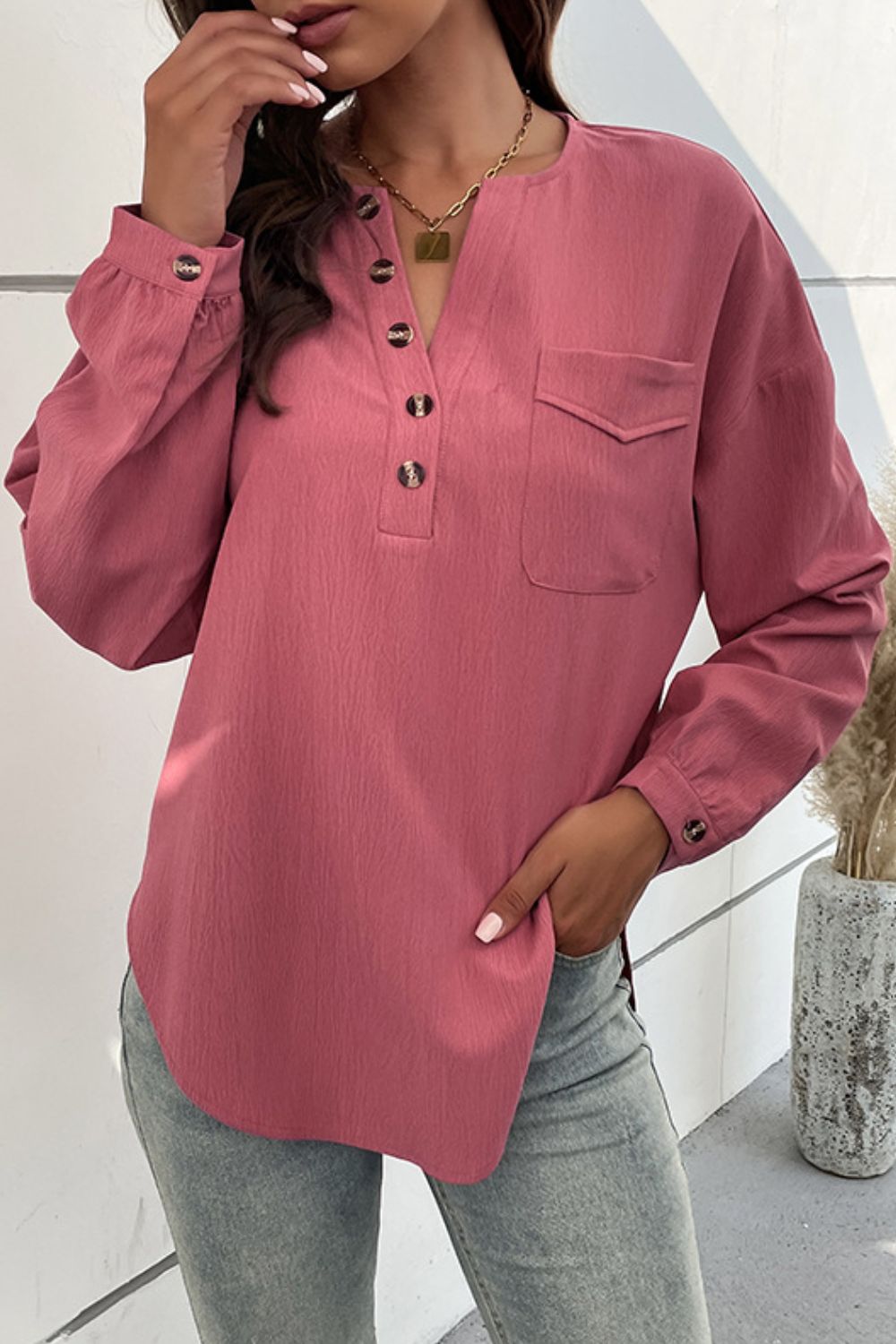 Half Button Pleated Side Slit Blouse