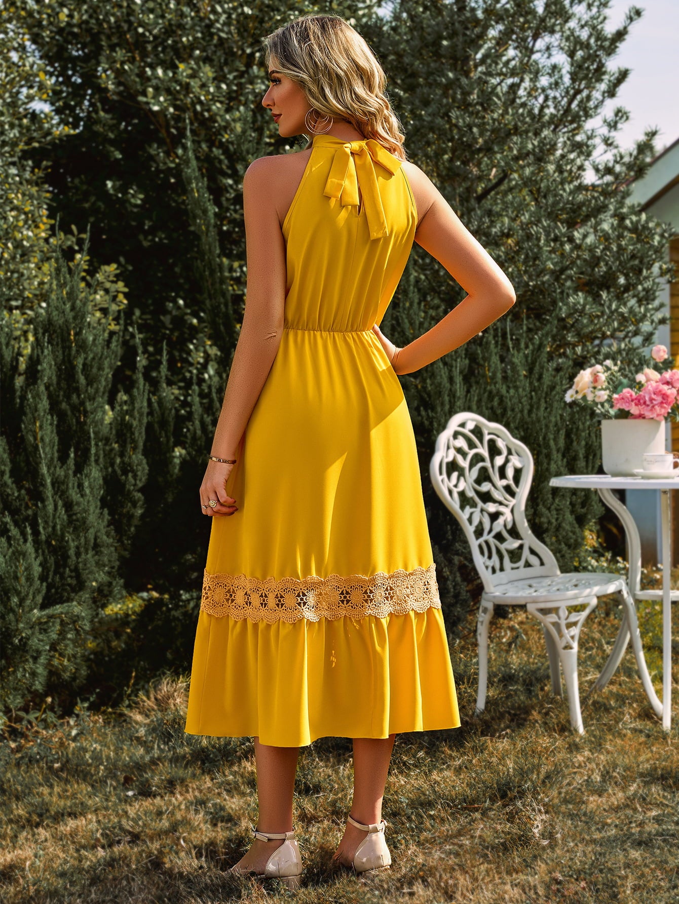 Lauralee Neck Spliced Lace Midi Dress