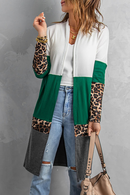 Leopard Color Block Longline Cardigan