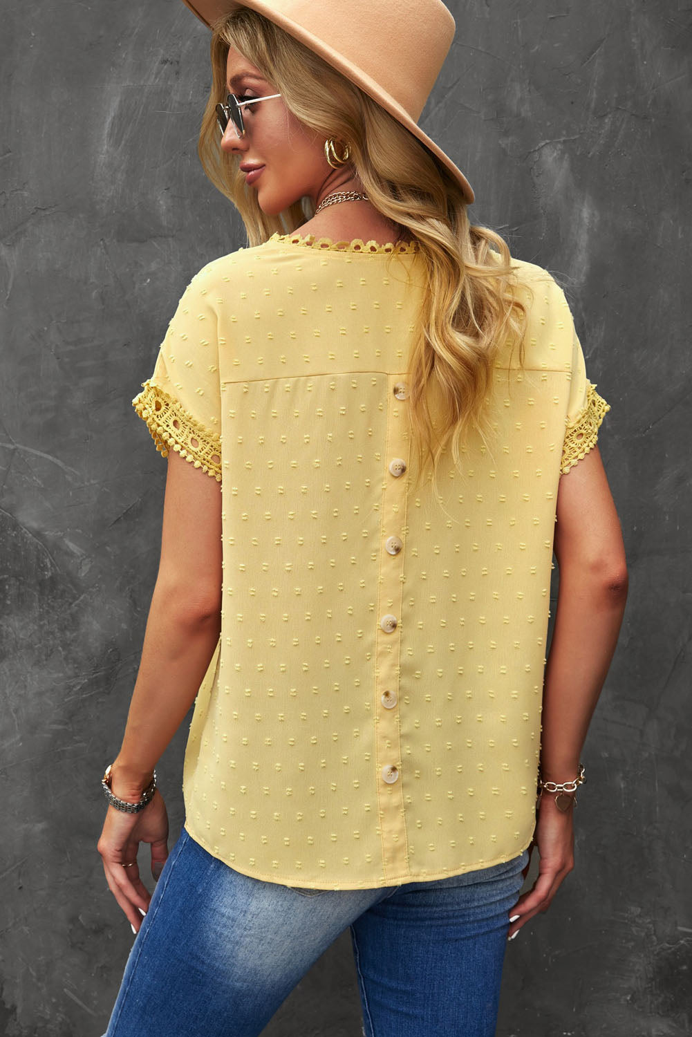 Swiss Dot Decorative Button Blouse