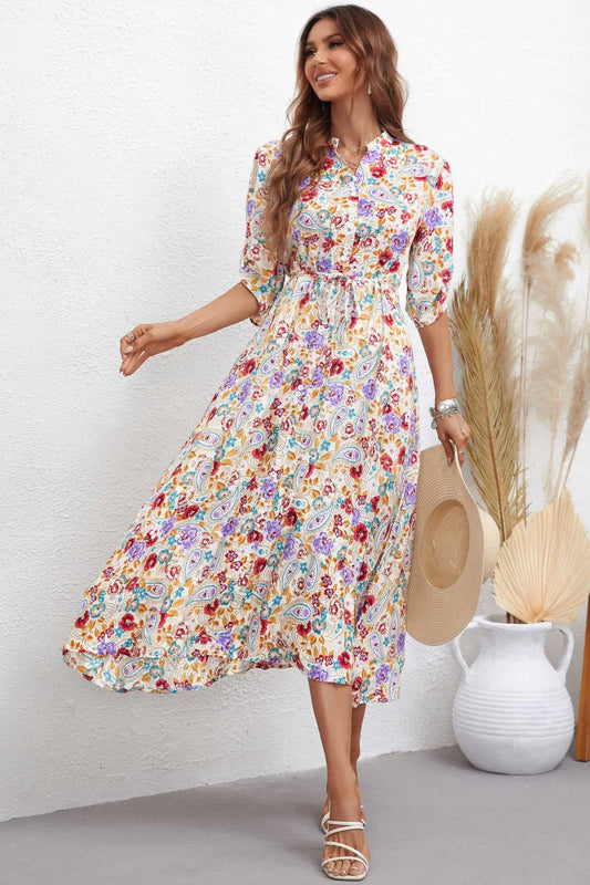 The Floral Notched Half Sleeve Dress