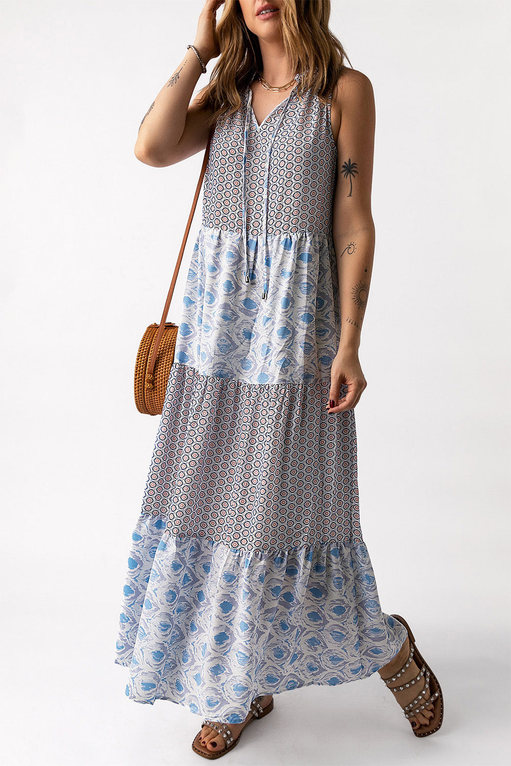 Mixed Print Sleeveless Maxi Dress