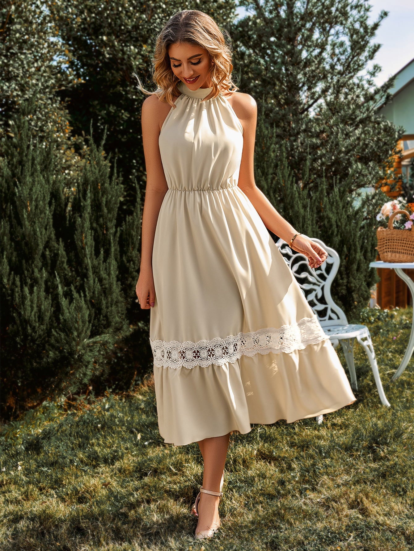 Lauralee Neck Spliced Lace Midi Dress