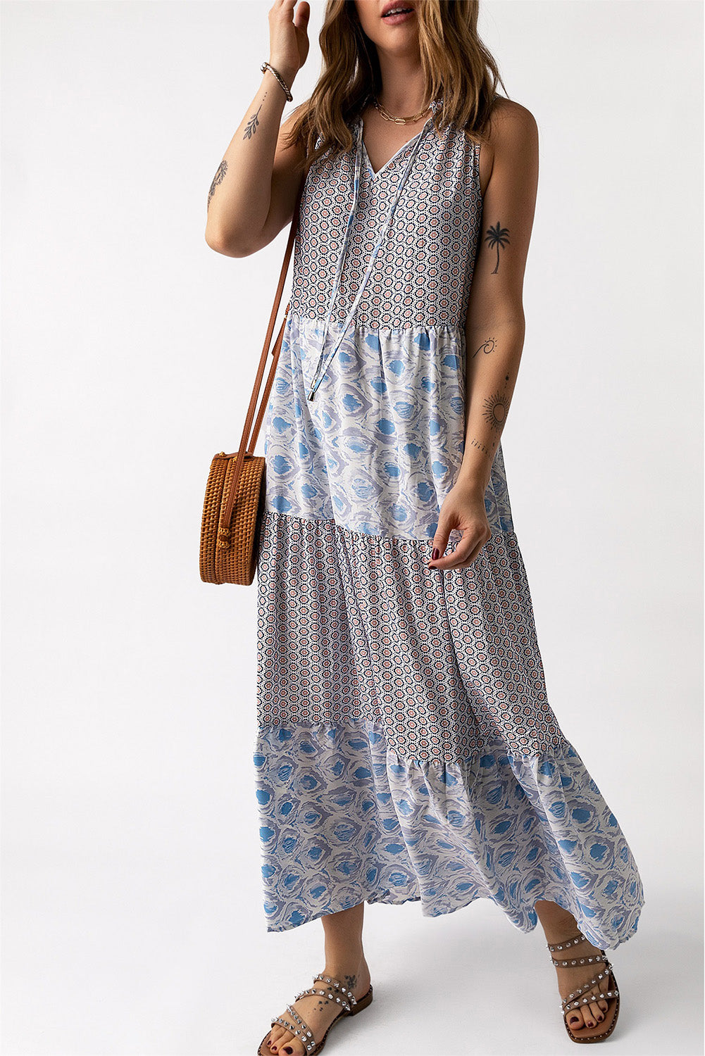 Mixed Print Sleeveless Maxi Dress