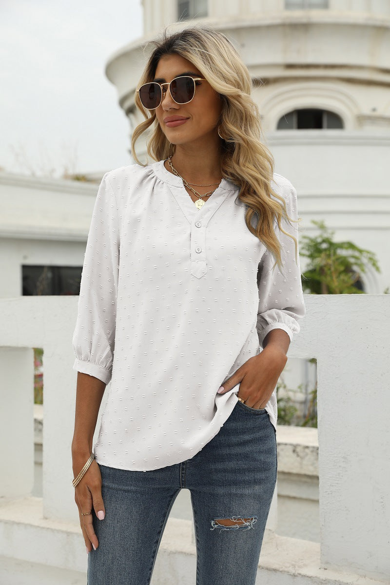 Reagan Swiss Dot Three-Quarter Sleeve Blouse