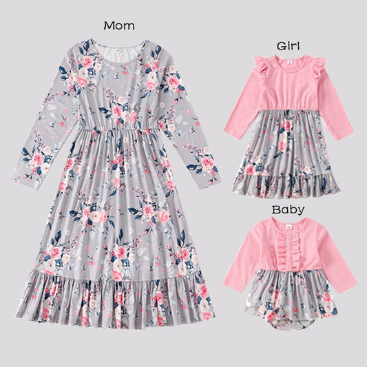 Grey Floral Outfits for Mommy & Me