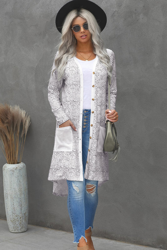 Striped Leopard Patchwork Cardigan with Pockets