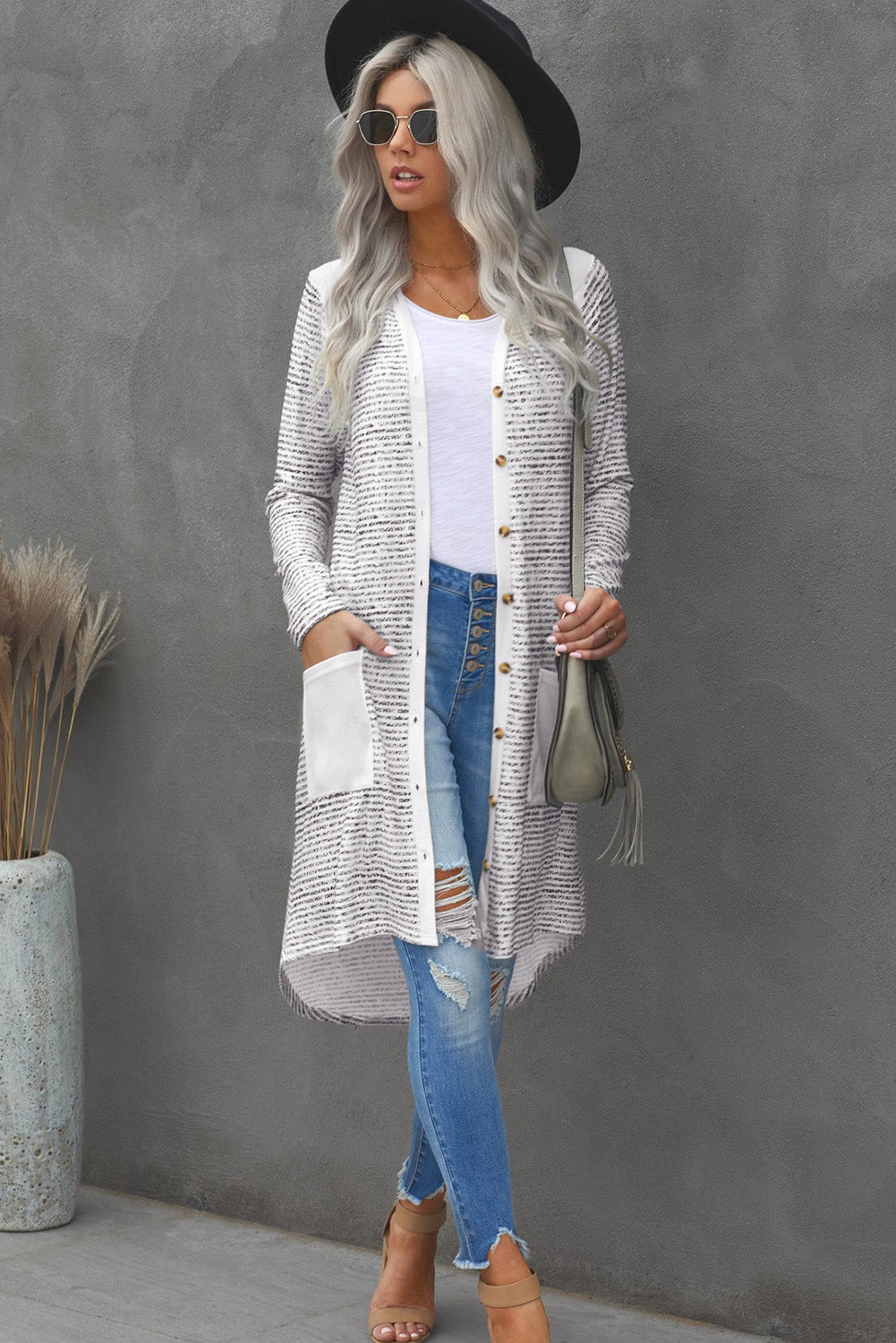 Striped Leopard Patchwork Cardigan with Pockets