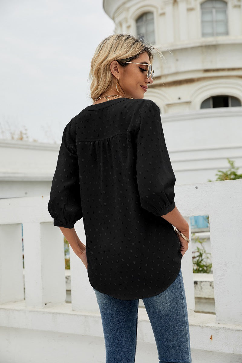 Reagan Swiss Dot Three-Quarter Sleeve Blouse