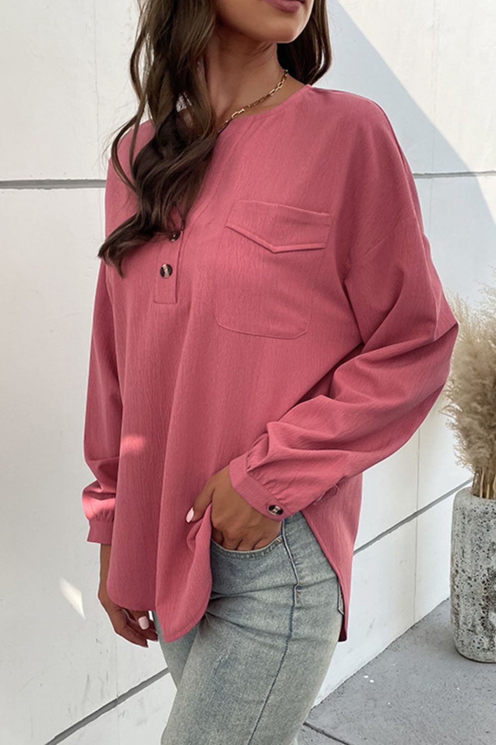 Half Button Pleated Side Slit Blouse