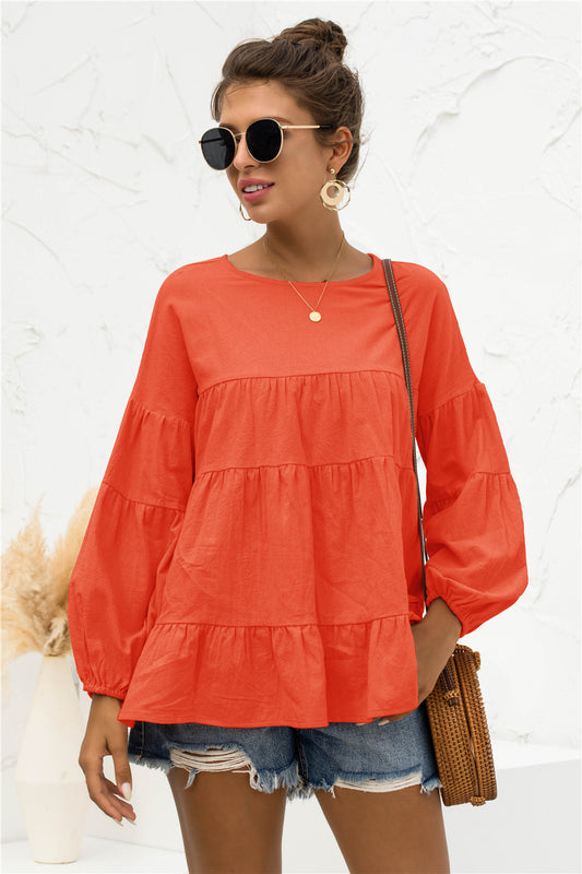 Round Neck Bubble Sleeve Blouse
