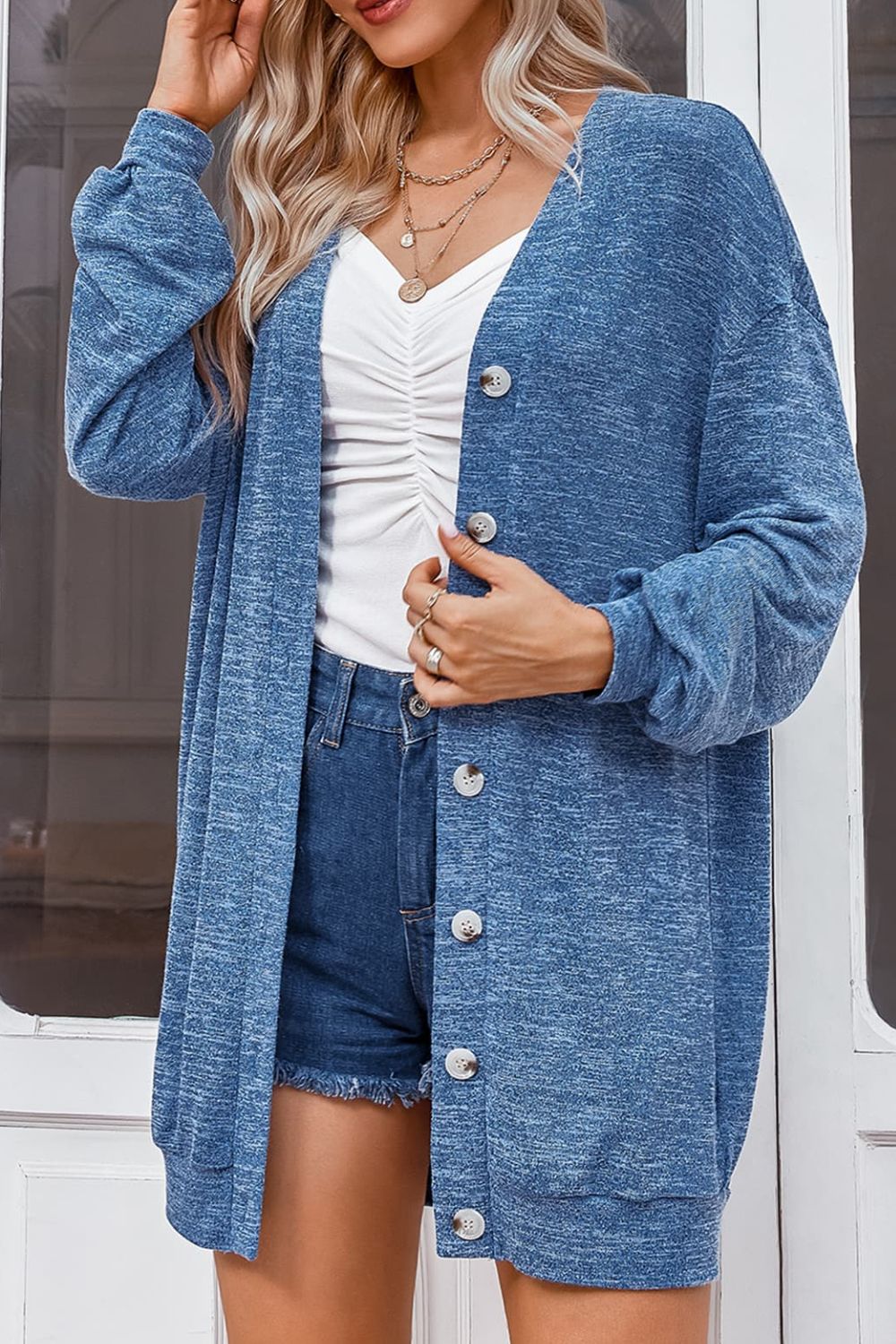 Buttoned V-Neck Long Sleeve Cardigans