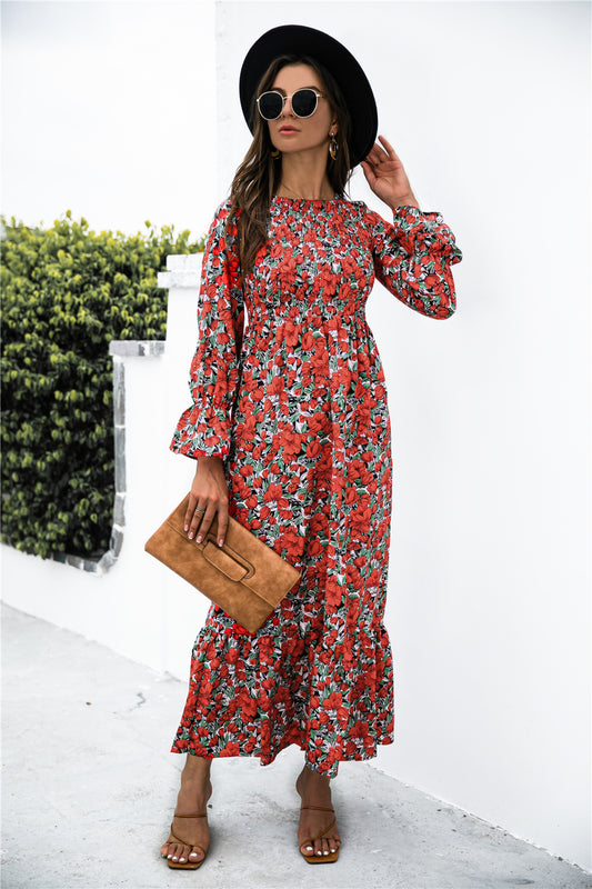 Melinda Printed Puff Sleeve Ruffle Maxi Dress